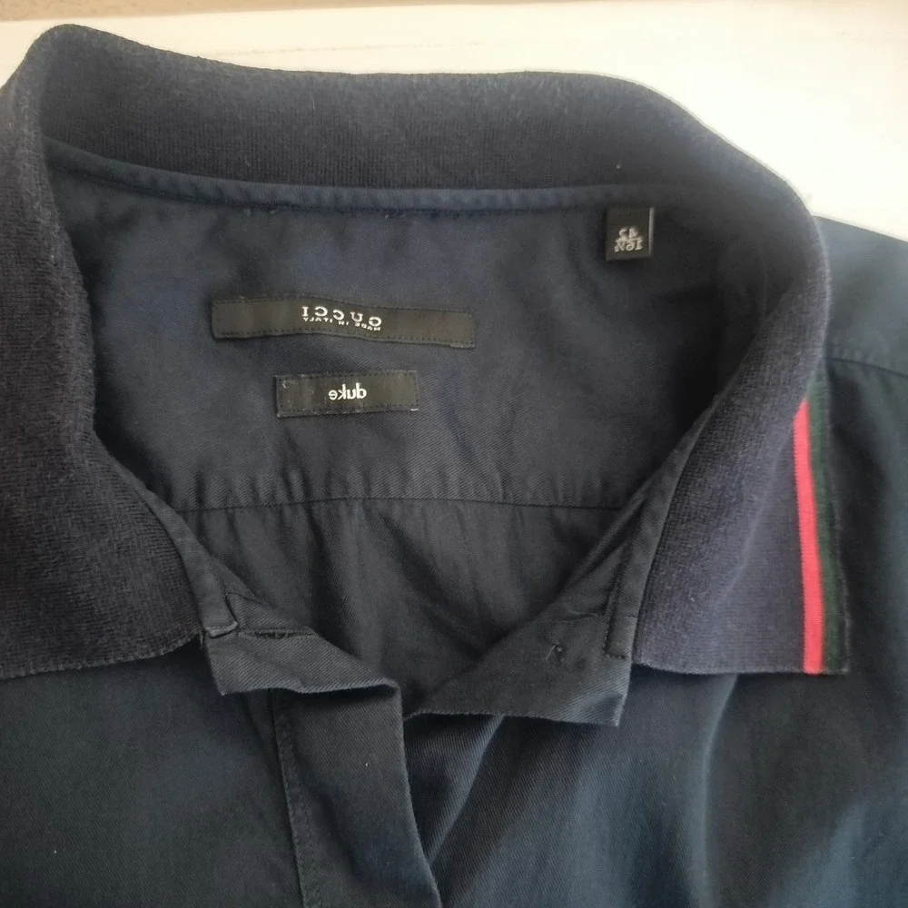 Gucci Duke Mens Navy Blue Web Stripe Collar Short Sleeve Button Down Shirt 15.5